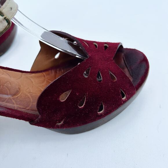 Chie Mihara Burgundy Red Suede Mod Heels 36 Chunky 6 Leather Pumps - Picture 7 of 11